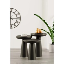 Wood Ahşap Siyah Renk Konik Model 3 Lü Set Mantar Yan Sehpa Fiskos Çiçeklik Decorative