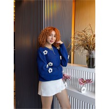 Qoolest Kadın Yünlü Saks Mavi Bisiklet Yaka 3D Papatya Kabartmalı Yumoş Dokulu Oversize Trend Triko Kazak