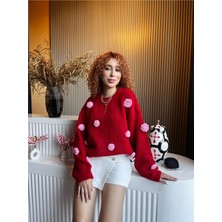 Qoolest Kadın Yünlü Saks Mavi Bisiklet Yaka 3D Papatya Kabartmalı Yumoş Dokulu Oversize Trend Triko Kazak