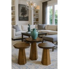 Modern Tarz Ahşap Mantar Sehpa Seti Ceviz Renk 3lü Zigon Takımı