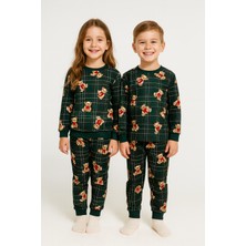 Zepkids Bisiklet Yaka Ayıcık Baskılı Yeşil Renk Unisex Çocuk Pijama Takımı