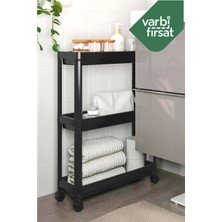 VarBiFırsat Slim 3 Katlı Tekerlekli Raf Ünitesi Siyah, Banyo Rafı, Mutfak Rafı, Servis Sehpası, Organizer