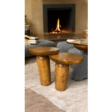 Wood Ahşap 2li Set Mantar Tik Ağacı Renk Yan Sehpa Modern Fiskos / Çiçeklik / Zigon