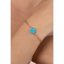 Söğütlü Silver 925 Ayar Gümüş Bileklik Rose Turkuaz Taşlı Çift Zincirli Yonca Bileklik SGTL13174MAVI