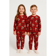 Zepkids Bisiklet Yaka Ayıcık Baskılı Kırmızı Renk Unisex Çocuk Pijama Takımı