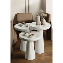 Wood Ahşap Beyaz 3lü Set Mantar Yan Sehpa Fiskos Çiçeklik Decorative