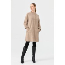 Eskişehir Mağazacılık 24045 Desen Triko Yakası Kol Ağzı Üç No Örgü Düğmeli Basic Kadın Uzun Kaban