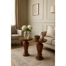 El Yapımı Masif Meşe Yan Sehpa Seti 2li Zigon Takımı