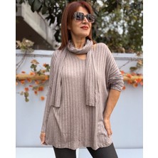 Denizege Butik Fularlı Fitilli Triko Sütlükahve