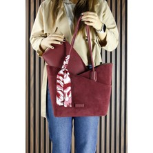 Erkan Saçmacı Bordo Hakiki Dana Süet Manyetik Kapaklı Büyük Boy Günlük Omuz Çantası ve Askılı El Çantası