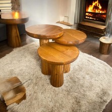 Wood Wooden Ahşap 3lü Set Fitilli Mantar Yan Sehpa Modern Tik Ağacı Renk Fiskos