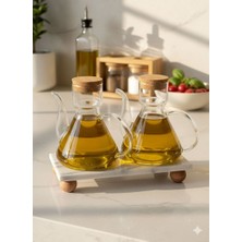 Mermer Stantlı 2li Borosilikat Cam Mantar Kapaklı Yağdanlık 500 ml + 500 ml  Liya