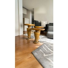 Wood Wooden Ahşap 3lü Set Mantar Yan Sehpa Modern Tütün Renk Fiskos