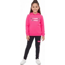 Nk Kids Kız Çocuk Simli Baskılı Fuşya Kapüşonlu Sweatshirt ve Siyah Tayt İkili Takım