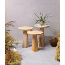 Ahşap 3lü Set Fitilli Mantar Yan Sehpa / Zigon Sehpa Vernikli / Wood Wooden Mushroom Side Table