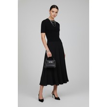 Qoolest Kadın Yünlü Siyah Bisiklet Yaka Kısa Kollu Payet Işlemeli Işıltılı Şık Triko Kazak