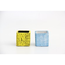 Tunç Botanik KAKTÜS SAKSI SETİ - 2 ADET EL YAPIMI ARKAİK SARI-MAVİ