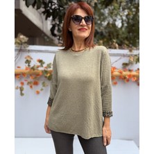 Denizege Butik Italyan Içi Leopar Yuvarlak Yaka Triko Haki