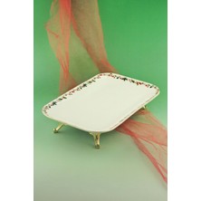 Bursa Porselen Dekor Christmas Gold Metal Ayaklı Porselen Tepsi