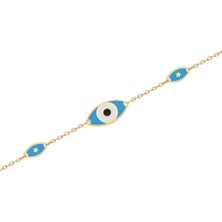 Diamond Line-Gülaylar 14 Ayar Sarı Altın Mavi Mineli Nazar Boncuklu Bileklik
