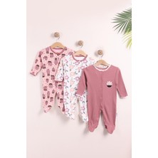 Kidello Gül Kurusu Kız Bebek %100 Pamuklu Çıtçıtlı 3'lü Kaktüs Desenli Manşetli Tulum Seti (3 Ay 6Ay 9Ay)