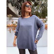 Denizege Butik Italyan Içi Leopar Yuvarlak Yaka Triko Indigo Mavi