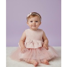 Minimony 0-24 Ay Kız Bebek Çocuk Finyonk Detaylı Tüllü Bandana Set Abiye Elbise Pembe 1038