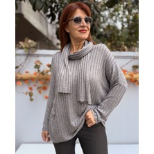 Denizege Butik Fularlı Fitilli Triko Gri
