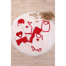 Kidello Kırmızı Ekru Kalpli Lüks 10'lu Kız Bebek Hastane Çıkış Seti