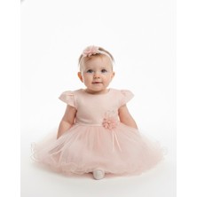 Minimony 0-24 Ay Kız Bebek Çocuk Saç Bantlı Tül Etekli Abiye Elbise Pudra 1008