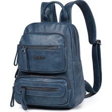 Hüvendo Barcelona Minik Boy Günlük Çok Cepli Kadın Sırt Çantası – Birinci Kalite Poliüretan Deri Lacivert