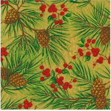 Caspari Evergreen And Berries Gold Cocktail Napkins - Includes 20 Cocktail Napkins