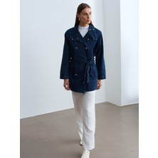 Dilvin 65384 %100 Pamuk Kemerli Midi Kot Ceket-Lacivert