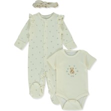 Bebetto Organik Interlok Patikli Tulum Set 3lü (Organıc Cute Bear) Ekru