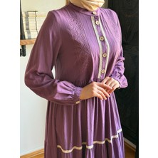 Nakış ve Dantelli Yarım Pat Menekşe Elbise 1683 Navra | Fendel