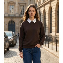 Amia&co. Beyaz Çıkarılabilir Gömlek Yaka Şardonlu Baskılı Oversize Sweatshirt