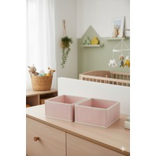 2'li Set Dolap Içi ve Çekmece Düzenleyici Organizer Kutu, Pembe Çizgili Kumaş Kutu 28X28X13 cm