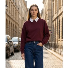 Amia&co. Beyaz Çıkarılabilir Gömlek Yaka Şardonlu Baskılı Oversize Sweatshirt