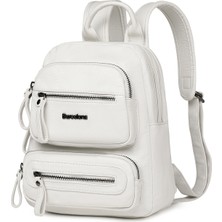 Hüvendo Barcelona Minik Boy Günlük Çok Cepli Kadın Sırt Çantası – Birinci Kalite Poliüretan Deri Beyaz