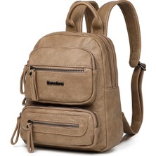 Hüvendo Barcelona Minik Boy Günlük Çok Cepli Kadın Sırt Çantası – Birinci Kalite Poliüretan Deri Açık Vizon