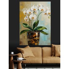 Tablomega Saksı Içinde Beyaz Orkide Dekoratif Kanvas - Mdf Ahşap Tablo