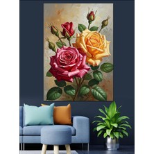 Artmeg Üç Canlı Renkli Gül Çiçek Dekoratif Kanvas - Mdf Ahşap Tablo