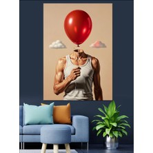 Artmeg Kırmızı Balon Kafalı Genç Adam Illüstrasyonu Dekoratif Kanvas - Mdf Ahşap Tablo