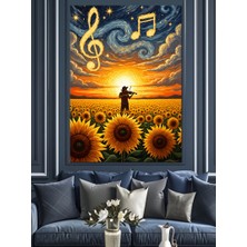 Tablomega Gündoğumu Ayçiçeği Tarlasında Keman Çalan Adam Dekoratif Kanvas - Mdf Ahşap Tablo