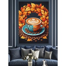 Artmeg Güz Yaprakları ve Latte Sanatlı Fincan Kahve Dekoratif Kanvas - Mdf Ahşap Tablo