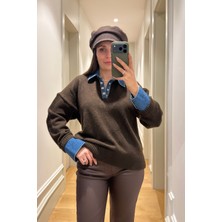 Magarde Yakası Jean Garnili Triko Kazak- Kahverengi