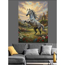 Karizma Tablo Şaha Kalkmış Beyaz At ve Orman Manzarası Dekoratif Kanvas - Mdf Ahşap Tablo