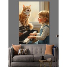 Artmeg Kedi ve Kız Piyano Başında Dekoratif Kanvas - Mdf Ahşap Tablo