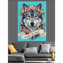 Artmeg Çiçek Taçlı Kurt Portresi "vahşi Özgürlük" Sloganlı Dekoratif Kanvas - Mdf Ahşap Tablo