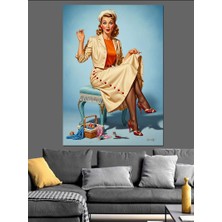 Artmeg Pufta Oturan Retro Hanımefendi ve Dikiş Kutusu Dekoratif Kanvas - Mdf Ahşap Tablo